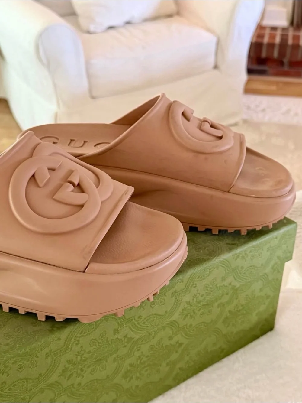 Gucci Blush Pink Rubber GG Logo Slide Mules